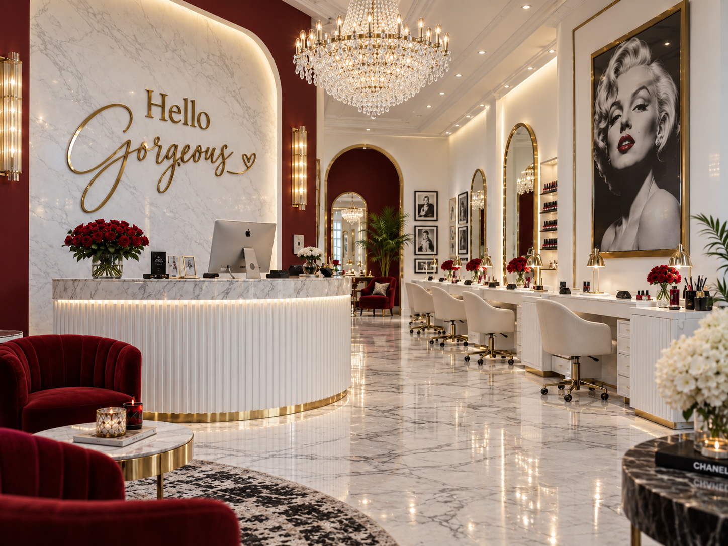 Hello Gorgeous salon concept with a white marble reception desk, red seating and a Marilyn Monroe portrait
