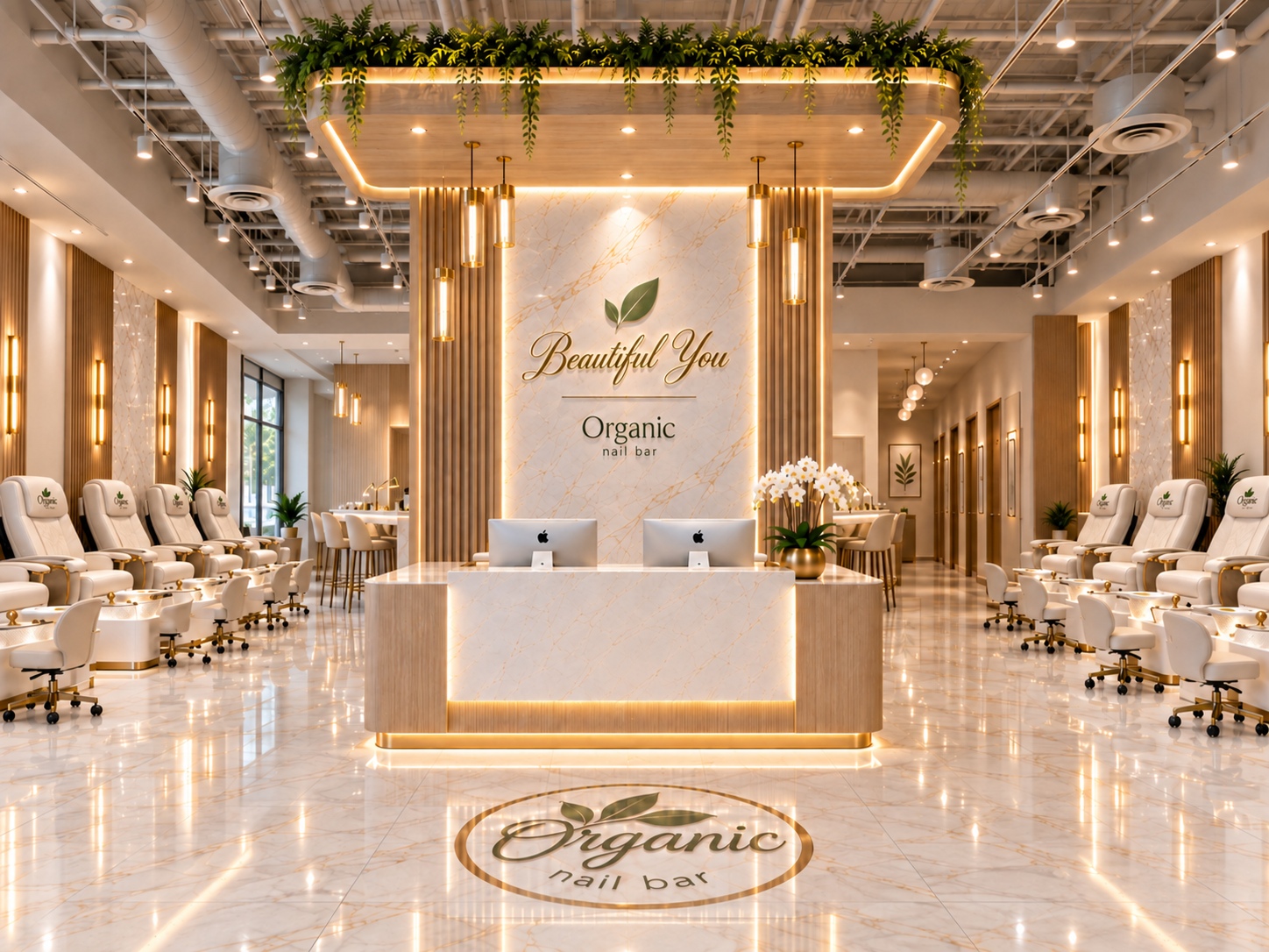 Organic Nail Bar flagship concept with a marble reception desk, planted canopy and cream pedicure seating
