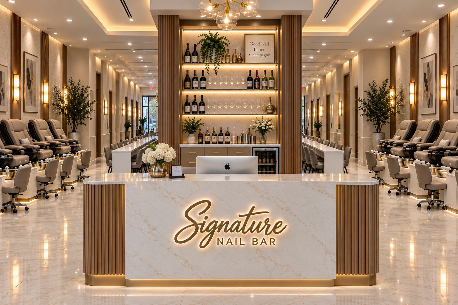 Signature Nail Bar flagship reception concept with ivory marble, gold accents, manicure stations and pedicure seating