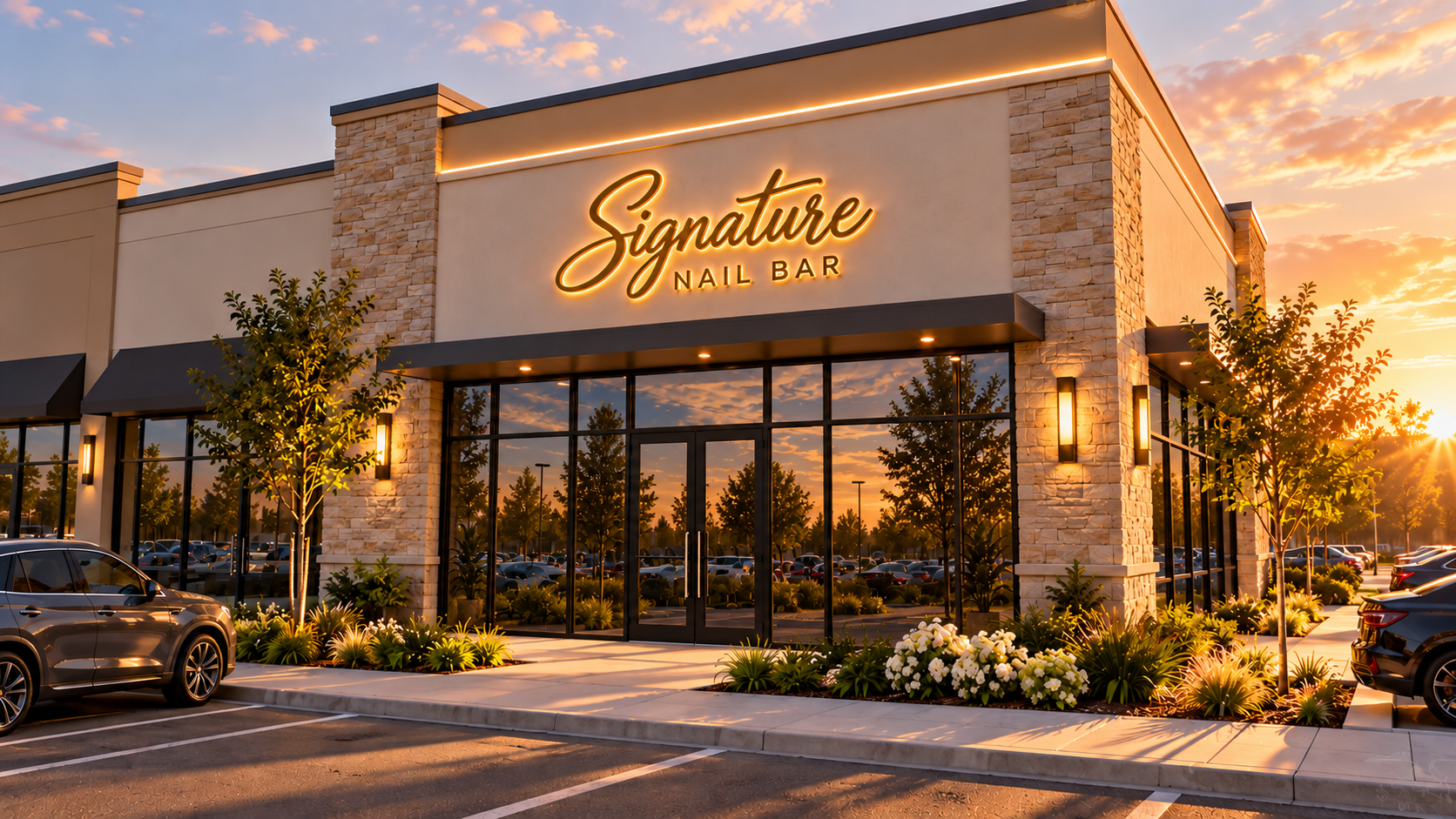 Signature Nail Bar Class A end-cap storefront concept with its illuminated building signage and landscaped corner entrance