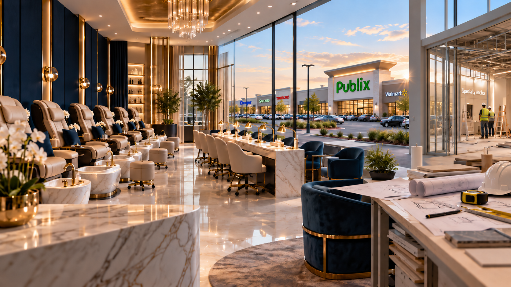 Approved blue, gold and white salon concept looking outward toward a Publix power center